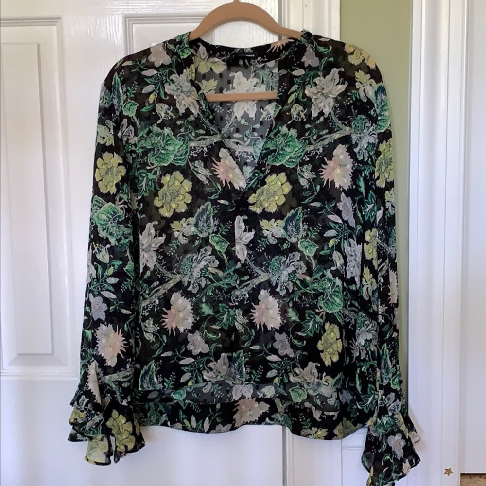 Sheer Floral V-Neck Blouse Ruffle Sleeve Detail